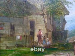 Tableau ancien, huile sur toile, paysage animé, signé A Vickers, XIXème