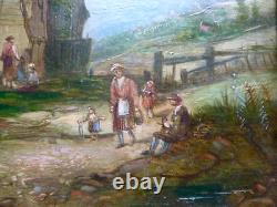 Tableau ancien, huile sur toile, paysage animé, signé A Vickers, XIXème