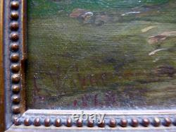 Tableau ancien, huile sur toile, paysage animé, signé A Vickers, XIXème