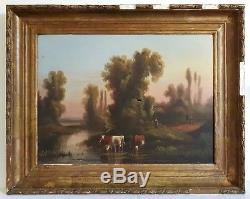 Tableau ancien huile sur toile paysage lacustre animé vaches XIXème 19ème