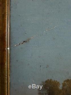 Tableau ancien huile sur toile paysage lacustre animé vaches XIXème 19ème