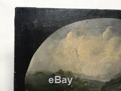 Tableau ancien, huile sur toile, paysage lacustre avec personnages, XIXe