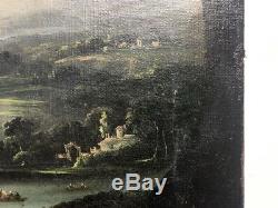 Tableau ancien, huile sur toile, paysage lacustre avec personnages, XIXe