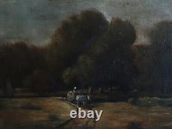 Tableau ancien huile sur toile paysage orageux charrette XIXème