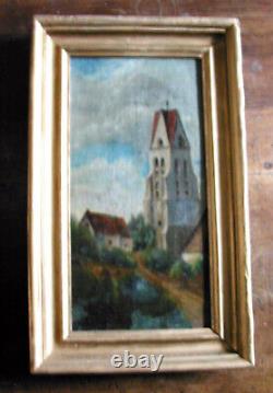 Tableau ancien, huile sur toile, paysage, scène de rue, encadré