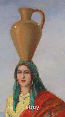 Tableau ancien huile sur toile porteuse d'eau au Châle Rouge portugal