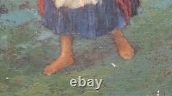 Tableau ancien huile sur toile porteuse d'eau au Châle Rouge portugal