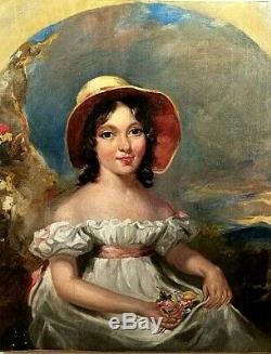 Tableau ancien huile sur toile portrait de jeune fille fleurs signé Début XIXème