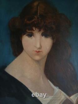 Tableau ancien huile sur toile portrait jeune femme brune' XX