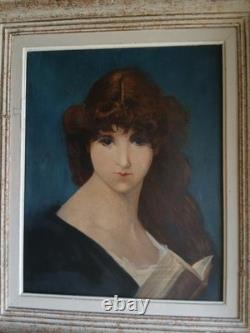 Tableau ancien huile sur toile portrait jeune femme brune' XX