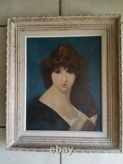 Tableau ancien huile sur toile portrait jeune femme brune' XX