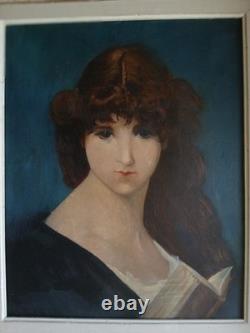 Tableau ancien huile sur toile portrait jeune femme brune' XX