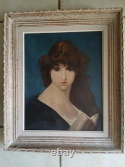 Tableau ancien huile sur toile portrait jeune femme brune' XX