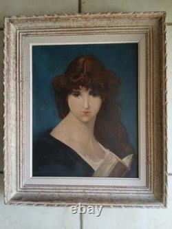 Tableau ancien huile sur toile portrait jeune femme brune' XX