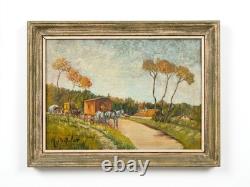 Tableau ancien huile sur toile roulottes chevaux signé Popinot