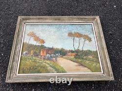 Tableau ancien huile sur toile roulottes chevaux signé Popinot