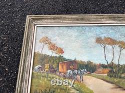 Tableau ancien huile sur toile roulottes chevaux signé Popinot