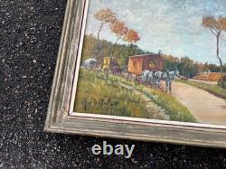 Tableau ancien huile sur toile roulottes chevaux signé Popinot