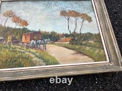 Tableau ancien huile sur toile roulottes chevaux signé Popinot