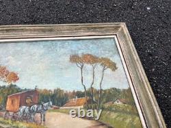 Tableau ancien huile sur toile roulottes chevaux signé Popinot
