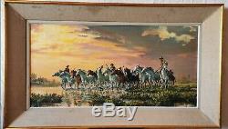Tableau ancien huile sur toile signé Lasalle chevaux gardians camargue années 50