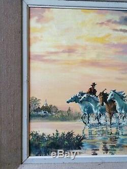 Tableau ancien huile sur toile signé Lasalle chevaux gardians camargue années 50