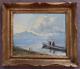 Tableau ancien huile sur toile signé lac montagnes pêcheurs