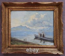 Tableau ancien huile sur toile signé lac montagnes pêcheurs