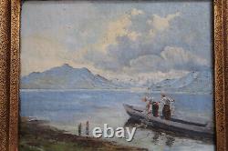Tableau ancien huile sur toile signé lac montagnes pêcheurs
