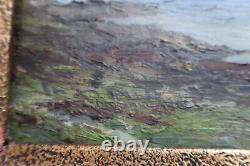 Tableau ancien huile sur toile signé lac montagnes pêcheurs