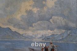 Tableau ancien huile sur toile signé lac montagnes pêcheurs