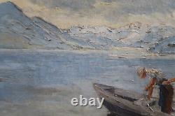 Tableau ancien huile sur toile signé lac montagnes pêcheurs