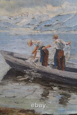 Tableau ancien huile sur toile signé lac montagnes pêcheurs