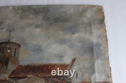 Tableau ancien, huile sur toile, village provençale et campanile