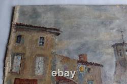 Tableau ancien, huile sur toile, village provençale et campanile