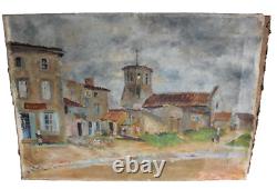 Tableau ancien, huile sur toile, village provençale et campanile