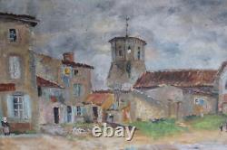 Tableau ancien, huile sur toile, village provençale et campanile