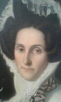 Tableau ancien huile/toile. Portrait dame élégante au bonnet de dentelle 19ème