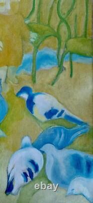 Tableau ancien huile toile paysage enfant jouant avec des pigeons dans un parc
