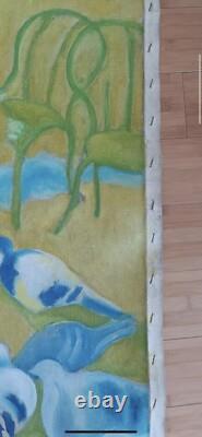 Tableau ancien huile toile paysage enfant jouant avec des pigeons dans un parc