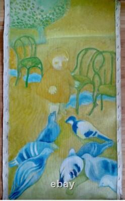 Tableau ancien huile toile paysage enfant jouant avec des pigeons dans un parc