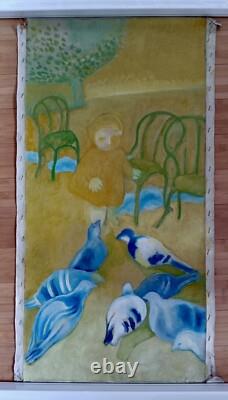 Tableau ancien huile toile paysage enfant jouant avec des pigeons dans un parc