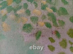 Tableau ancien huile toile paysage enfant jouant avec des pigeons dans un parc