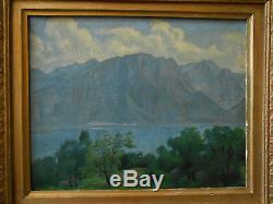 Tableau ancien huile/toile paysage lac de montagnedébut XX