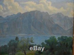 Tableau ancien huile/toile paysage lac de montagnedébut XX