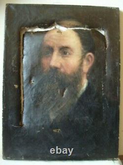 Tableau ancien huile toile portrait homme barbu barbe 19e à restaurer