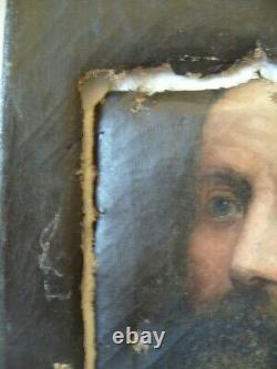 Tableau ancien huile toile portrait homme barbu barbe 19e à restaurer