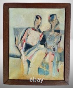 Tableau ancien huile toile scène de genre silhouettes portrait couple cubique