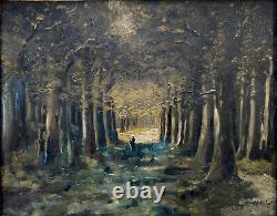 Tableau ancien, impresionniste Paysage allée de platanes huile 40x30 cm