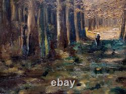 Tableau ancien, impresionniste Paysage allée de platanes huile 40x30 cm
